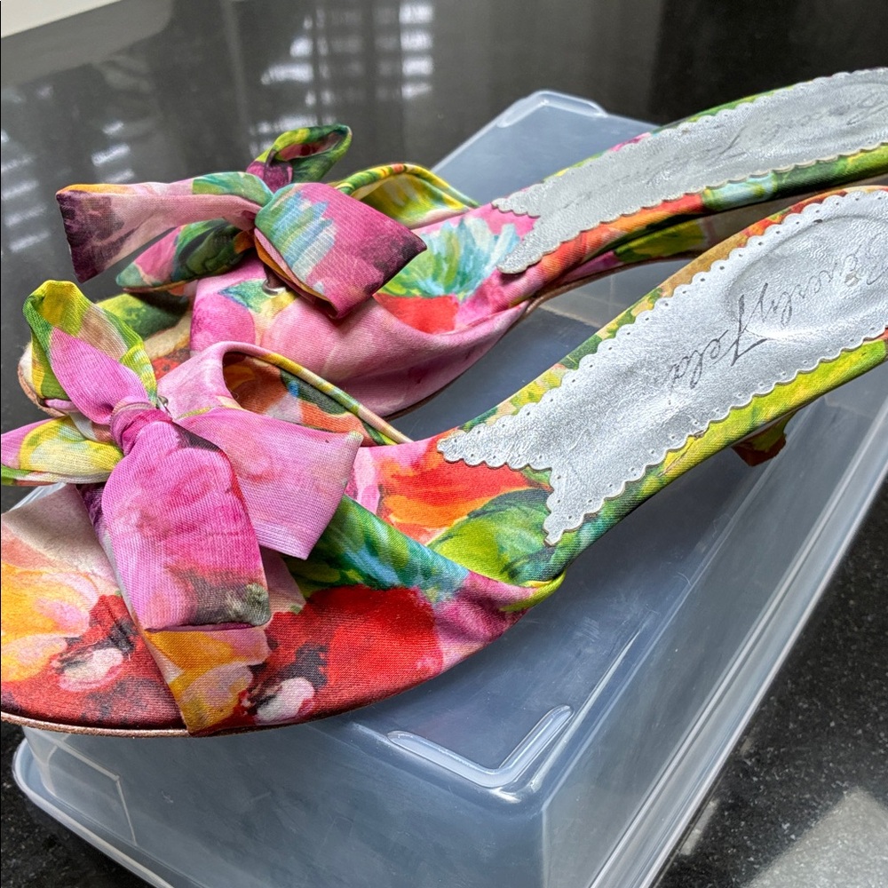 Beverly Feldman Pink and Red Heels with Decorative Bow